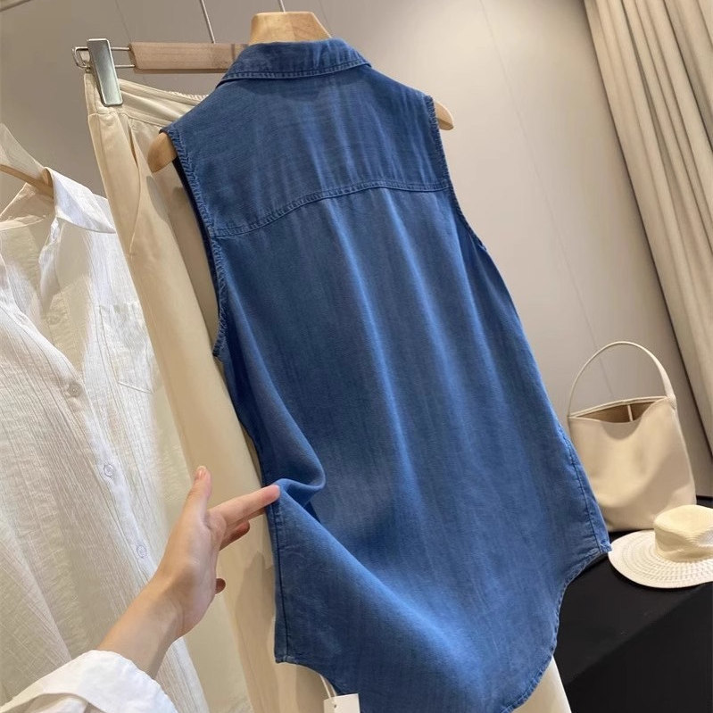 Versatile, Stylish, Minimalist, Thin Polo Collar Tencel Sleeveless Vest Shirt Top