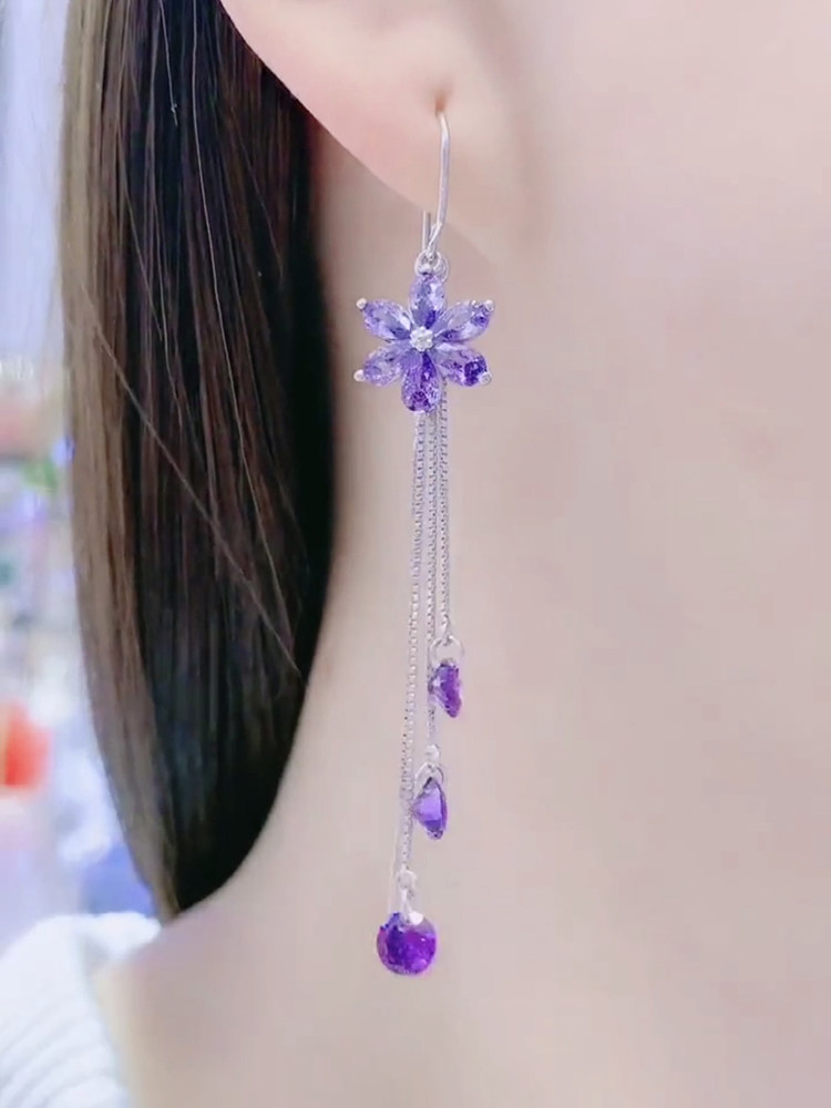 Sterling silver earrings female 2021 trendy fashion crystal flower tassel earrings super fairy temperament purple anti-lost earrings