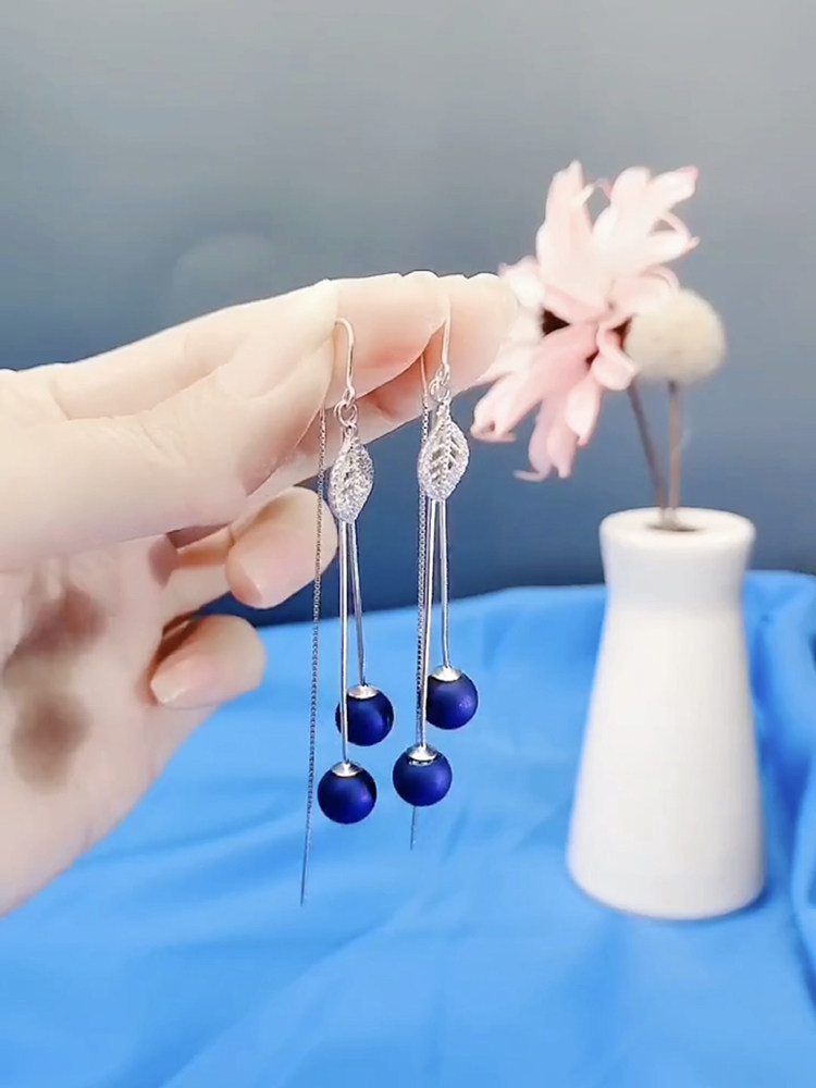 Sterling silver earrings female 2021 new trend fashion leaves blue bead tassel earrings super fairy temperament anti-lost earrings