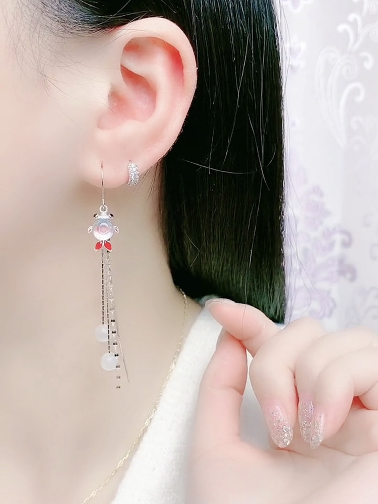 Sterling silver earrings female 2021 trendy fashion small goldfish crystal ball tassel earrings temperament opal ear jewelry