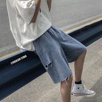 Summer Denim Shorts Male loose Holes 50% Pants Ins Tide Cards Design Sensation Small Crowd Pants Trendy Pants