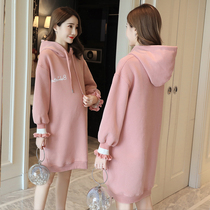 Pregnant womens winter clothes plus velvet thick clothes age-reducing warm-up hooded dresses autumn and winter tops little winter women