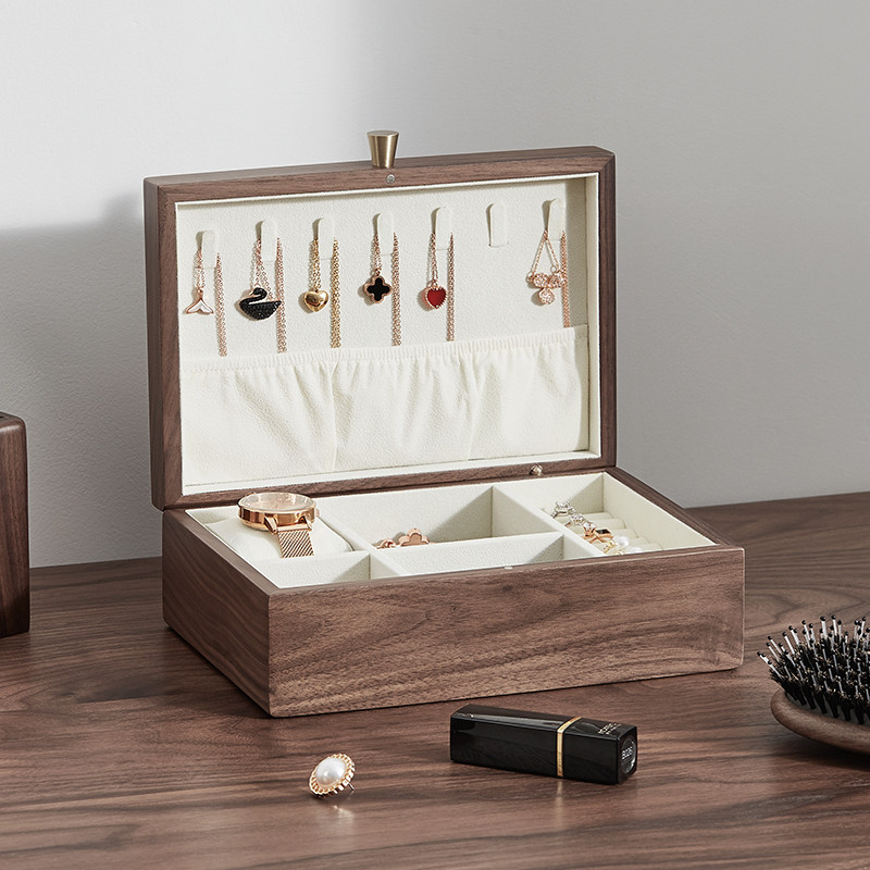 Walnut jewelry box storage box high-grade necklace earrings ear pin ring watch anti-oxidation solid wood jewelry box