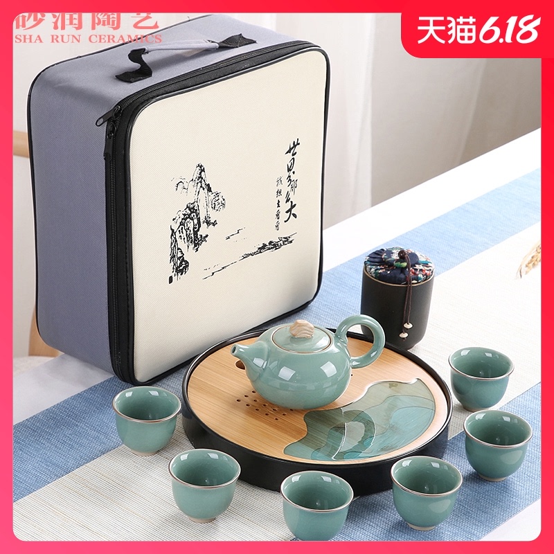 Sand embellish elder brother up with ceramic tea set household contracted Japanese office travel small round tray is suing portable package