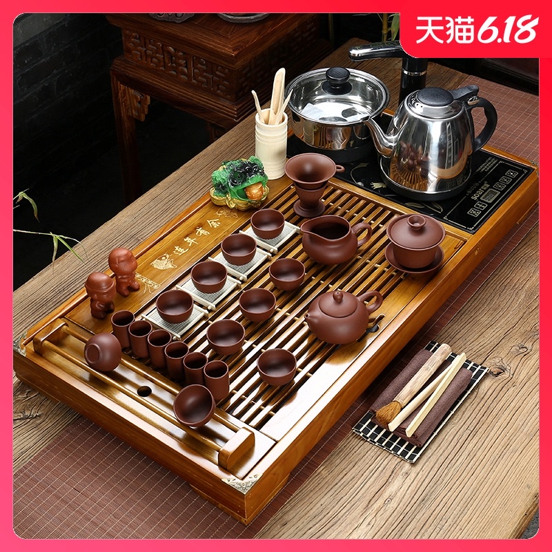 Sand embellish ceramic purple Sand tea set ice crack kung fu tea set a complete set of four solid wood tea tray and induction cooker