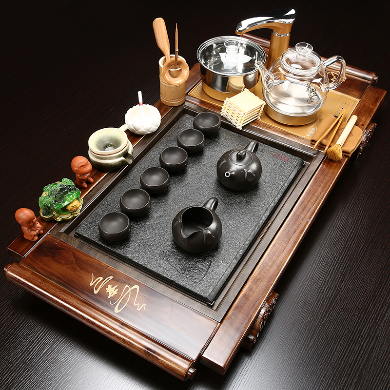 Sand embellish tea set suit household ceramics kung fu tea tea of a complete set of solid wood tea tray tea cups contracted