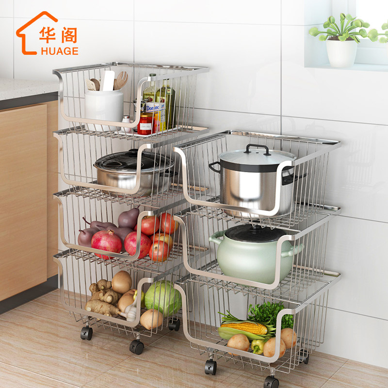 304 stainless steel kitchen shelving ground floor multilayer household goods storage containing basket draining fruit and vegetable basket rack