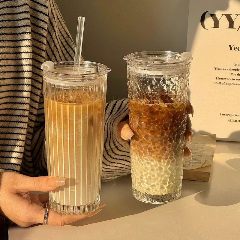 Japanese Premium High-Quality Transparent Coffee Iced Americano Latte Glass Cup Large Capacity with Lid and Straw Water Cup