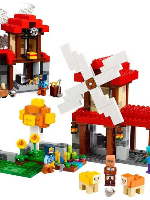 New Minecraft Series Rotating Red Windmill Farm Educational Building Block Toys for Boys and Girls as Gifts