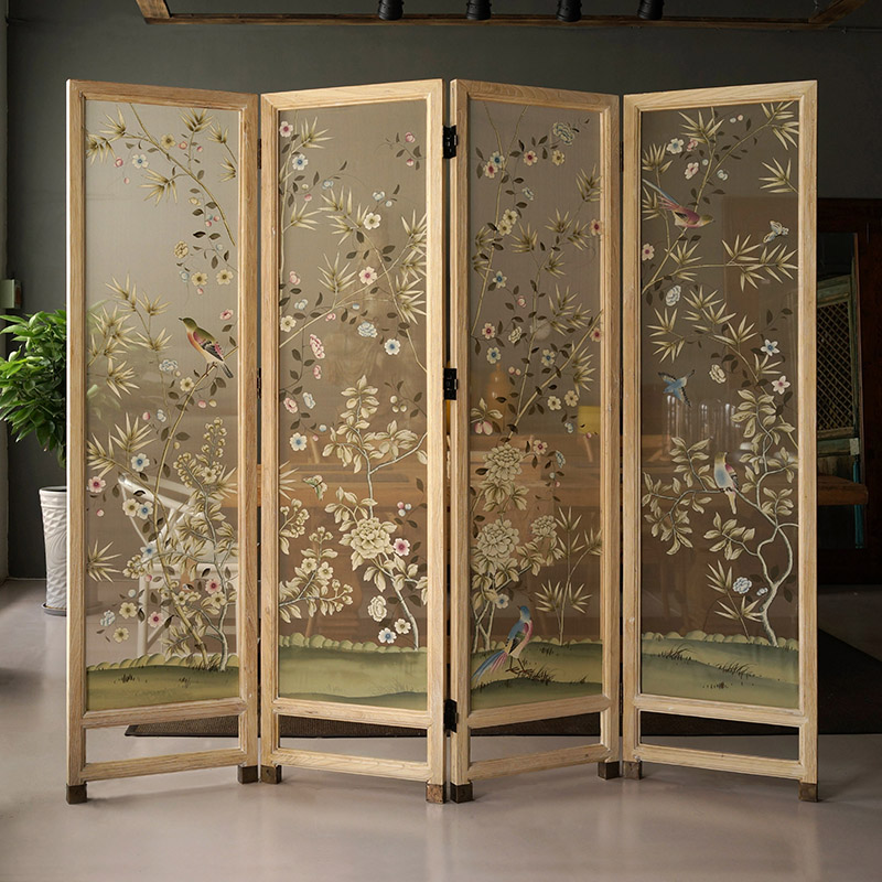 Chinese screen partition living room Solid wood folding Feng Shui entrance decoration Japanese fabric mobile silk hand-painted double-sided