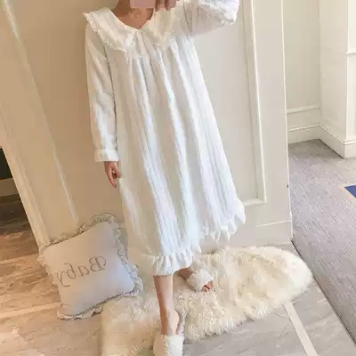 Winter Korean version of nightgown long version of flannel pajamas women autumn and winter thickened coral velvet home clothing court princess style