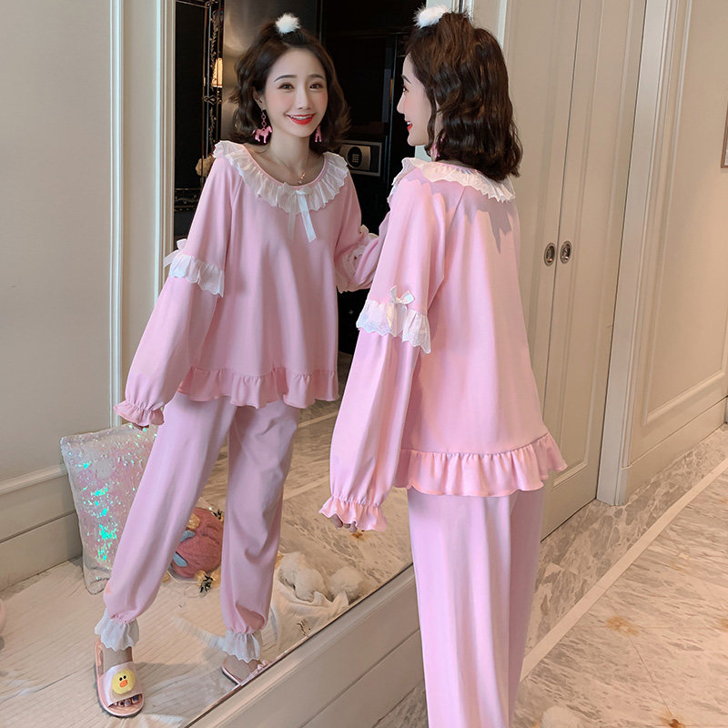Pajamas women's spring and autumn cotton long-sleeved two-piece set Student Korean version sweet girl pink home dress set Autumn and winter