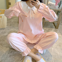 Pink pajamas womens long sleeves spring and autumn cotton Korean fresh sweet and lovely home clothes princess doll collar suit