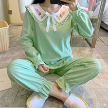 Avocado green pajamas womens long sleeves spring and autumn cotton Korean version of fresh students sweet home clothes set can be worn outside