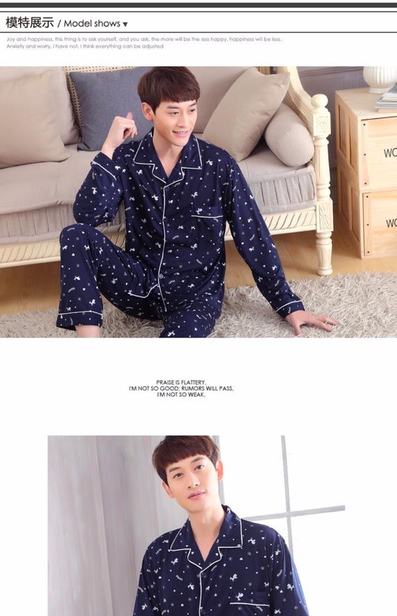 Bộ đồ ngủ nam dài tay cotton mùa xuân và mùa thu cha trung niên nam rộng kích thước lớn phù hợp với dịch vụ nhà trung niên pijama tiểu thư