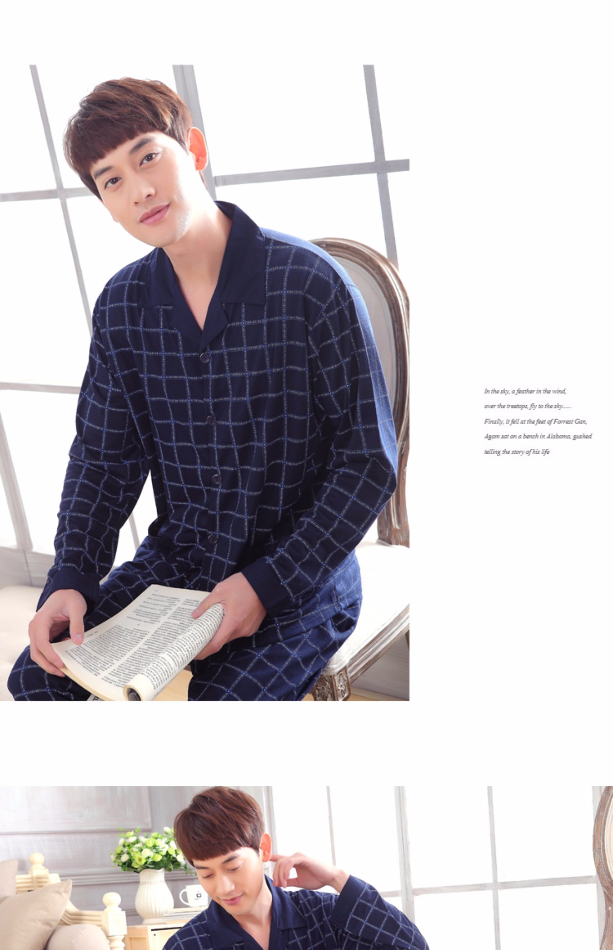 Bộ đồ ngủ nam dài tay cotton mùa xuân và mùa thu cha trung niên nam rộng kích thước lớn phù hợp với dịch vụ nhà trung niên pijama tiểu thư