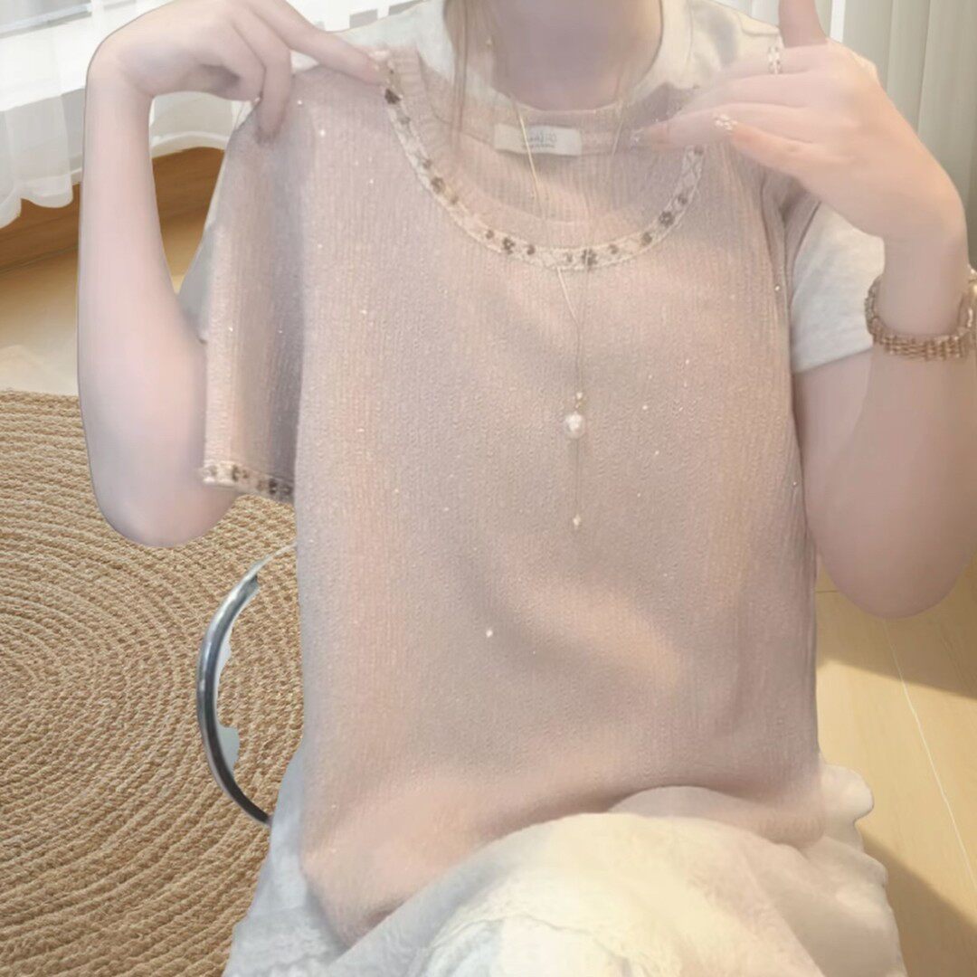 韩系设计感百搭显瘦圆领重工T恤法式温柔风粉色针织短袖女夏2026