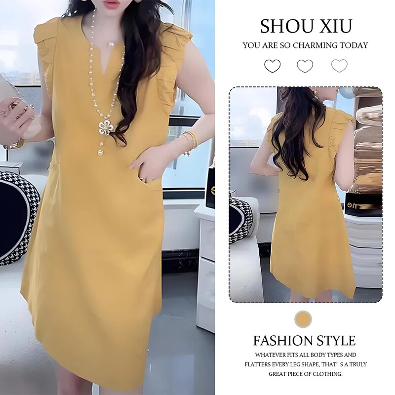 Super Stylish Summer Hot-Selling Yellow Dress 2026 New Model Trendy Cotton-Linen V-Neck Flutter-Sleeve Short Dress