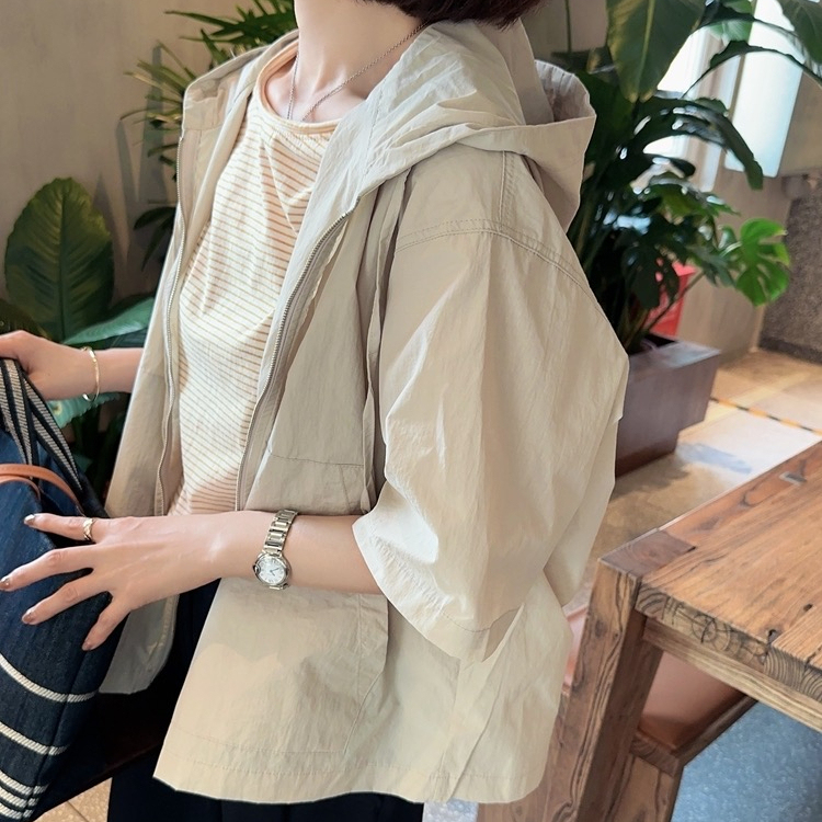 Korean Dongdaemun Women's Spring Loose Casual Style Large Pocket Hooded Solid Color Zipper Cardigan Short-Sleeve Jacket
