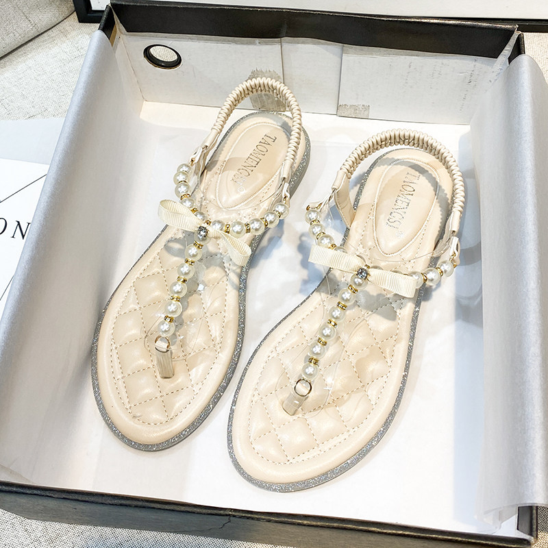 Tide Card Toe Sandals Shoes Woman Flat Bottom 2022 New Summer Pearl Romans Characters Tug Big Size Fairy Wind Sandal Beach Shoes