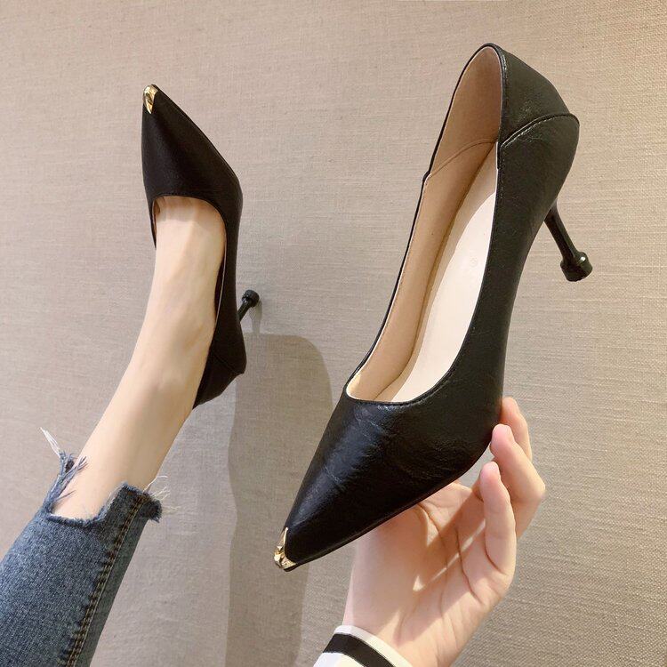 European Station Career High Heels Women 2022 Summer New Fashion 100 Hitch OL Fine Heel Genuine Leather Pointy Single Shoes