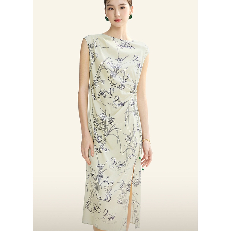 【Lanting Xu】Langjia Mulberry Silk Printed Long Dress, Elegant 2025 Summer New Style, High-End New Chinese Style Dress