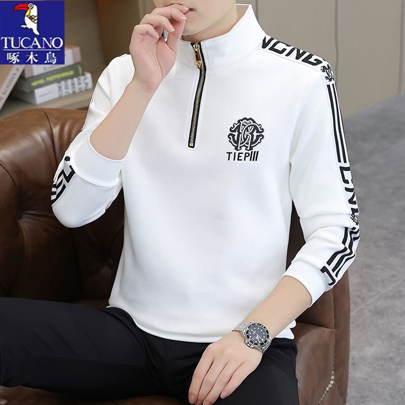 Woodpecker Sweatshirt for Men, Spring and Autumn Half-Zip Lapel Long-Sleeve T-Shirt, Winter Men's Fashion Base Layer Shirt