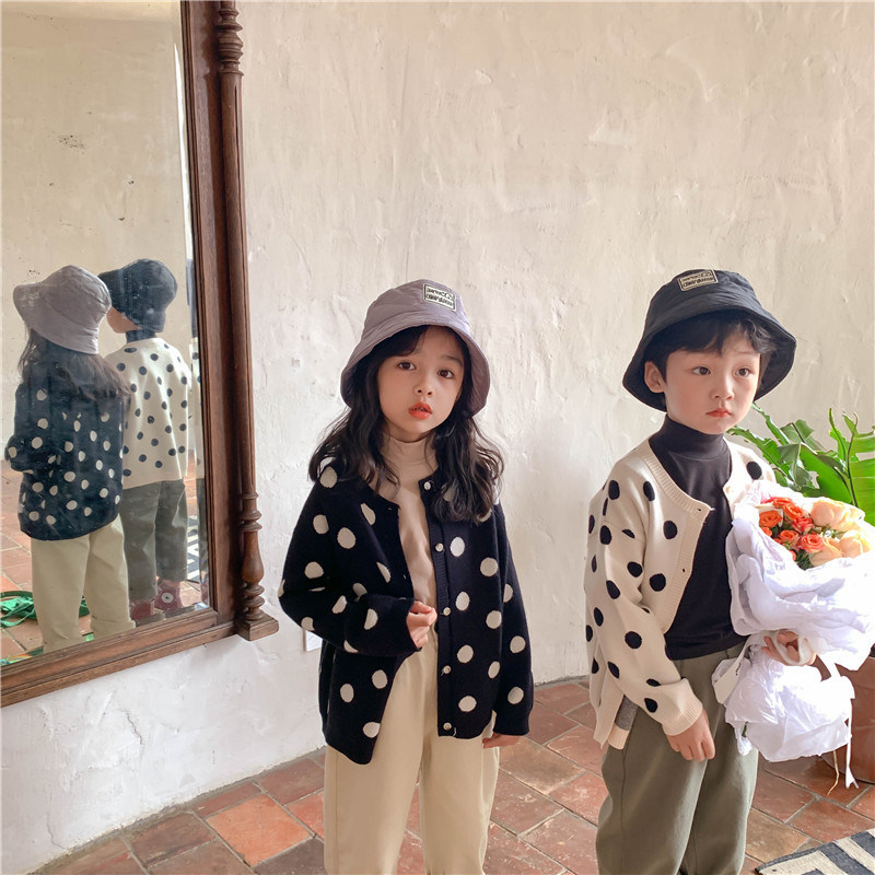 Children knit cardiovert spring autumn 2021 male and female child polo dot sweater coat jacket Korean version baby brother and sister blouse
