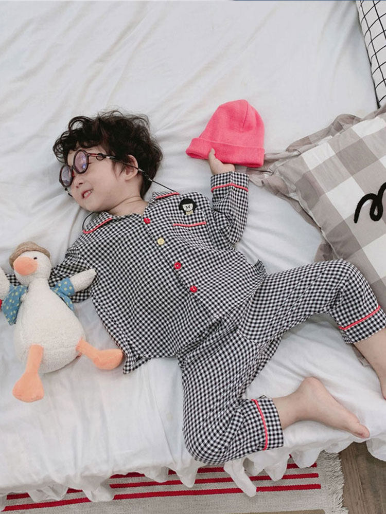 Children's plaid home clothes Spring and Autumn girls neutral pajamas set thin Korean version of the baby cotton long-sleeved air conditioning clothes