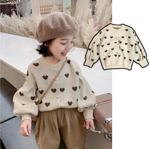 Children's Knitted Cardigan Spring and Autumn Girls Foreign Style Lantern Sleeve Love Sweater Jacket Korean Baby Little Fragrant Wind Jacket
