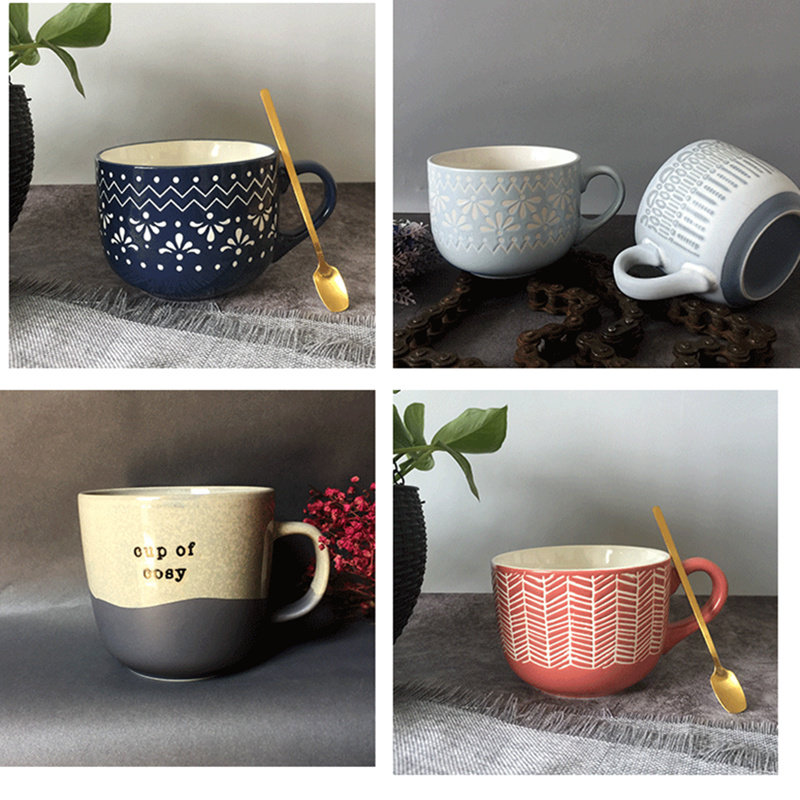 Large Capacity Breakfast Cup can microwave with spoons ins Nordic Wind Soup cups Home minimalist Texture Hand-painted Oat Cups