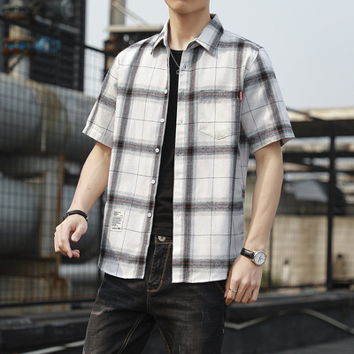 春夏纯棉男士青少年短袖衬衫格子复古风外搭外套衬衣男简约衬衣男