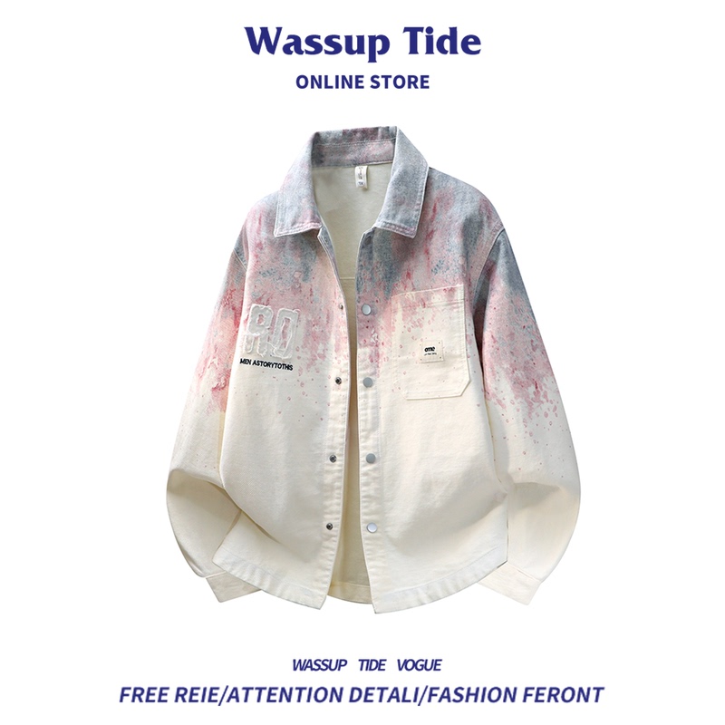 Wassup Tide High-Quality Gradient Denim Jacket Trendy Cardigan Long-Sleeve Shirt Men's Loose Lapel Jacket