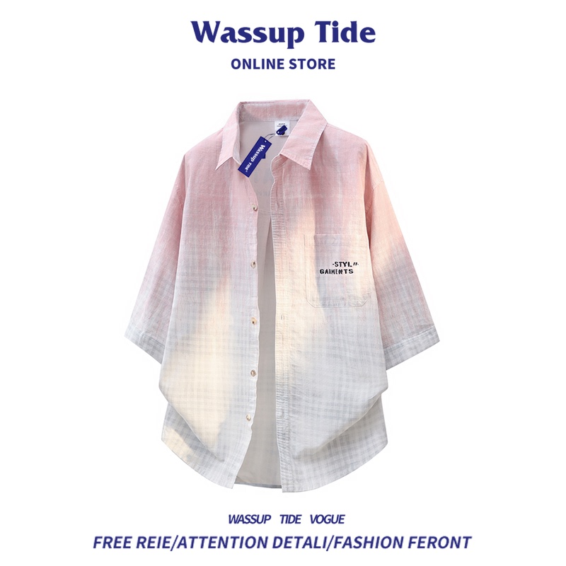 Wassup Tide Summer Trendy Brand Light Luxury Gradient Shirt Couple Casual Lapel Jacket Loose Versatile Top
