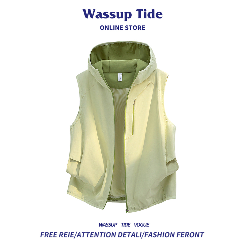 Wassup Tide Contrasting Color Breathable Hooded Vest for Men and Women, Autum Casual Versatile Loose Sleeveless Vest Jacket