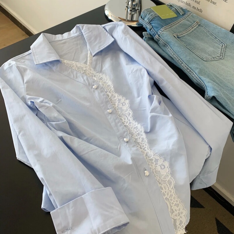 Trendy Lace-Trimmed Blue Shirt for Women, Spring/Autumn 2026 New Style, Fashionable Long-Sleeve Blouse