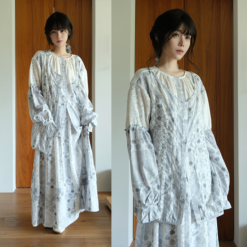 Mimichi Light Blue Patchwork Heavy Lace Top Fake Two-Piece