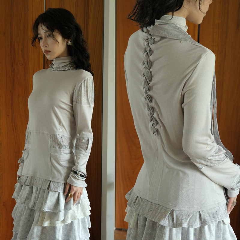 Mimichi Light Pink Printed Tie-Up Knitted Turtleneck Base Top with Patchwork Design