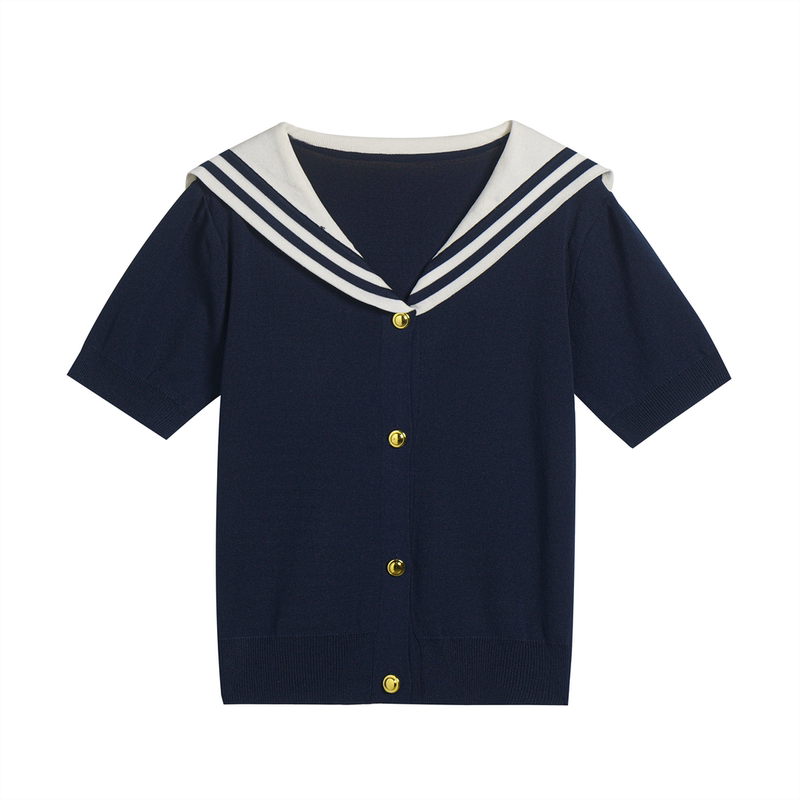 【Clearance Sale】Fashionable Navy Collar Striped Cardigan Knit Top 0097 【Clearance Sale】Fashionable Navy Collar Striped Cardigan Knit Top 0097