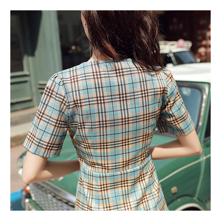 VK旗艦店 韓國學院風時尚V領格紋單排釦裙子短袖洋裝