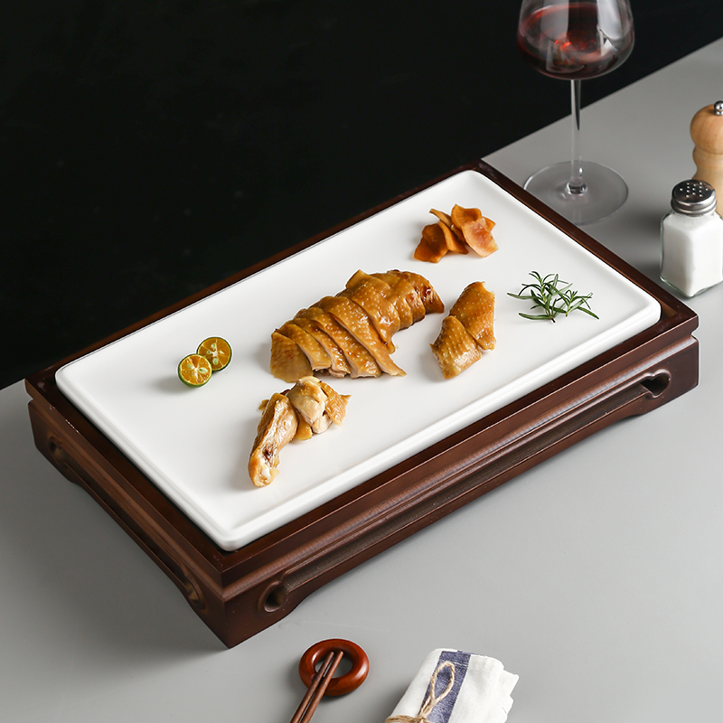 New Chinese-Style Brown Antique Bamboo Wood Creative Rectangular Pure White Ceramic Flat Plate Set for Private Dining, Clubs, and Hotel Tableware