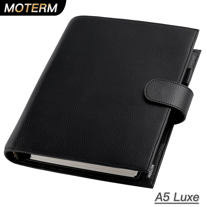 Moterm Luxe A5 Large Ring Binder Notebook, Lychee Pattern First Layer Cowhide Business Notebook, Note-Taking and Planning