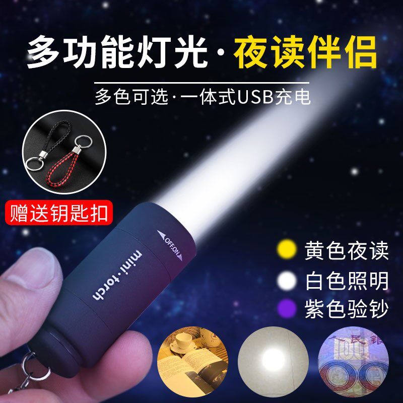 LED mini flashlight student portable dormitory home night reading lamp USB charging purple light banknote detection key chain lamp