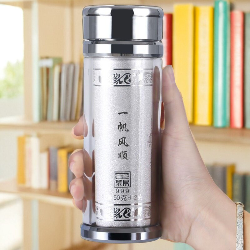 百福純銀保溫杯喬遷新居實用禮品S999純銀內膽保溫杯中式風格高檔銀杯