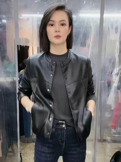 2025 Spring and Autumn Popular High-end Leather Women's Jacket Short Korean Style Slim Motorcycle Wear Yao Family Same Style Pu Leather Jacket