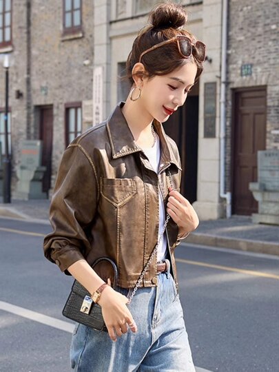 Leather jacket for women 2025 new style Hong Kong style design spring and autumn motorcycle leather jacket small short top