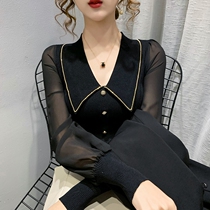 Knitwear women 2021 fall new splicing V neckline with Han version of snowspun sleeve blouse design sensation little sweater