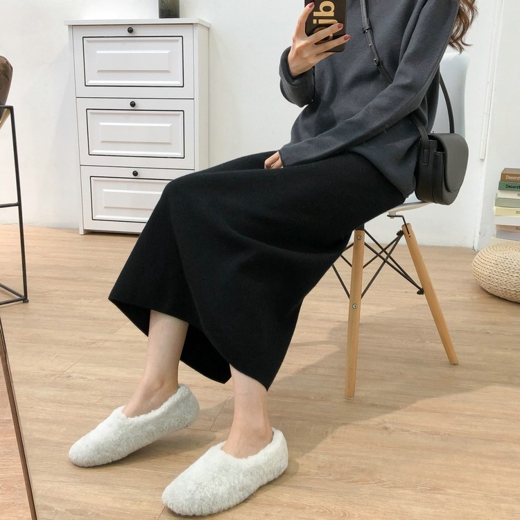 South Korea Black Knit Half Body Dress Woman Medium Long Version Spring Autumn Thickened High Waist Display Slim Open Fork Casual Straight Drum Step Skirt