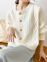 Korean version of twist knitted cardigan female 2021 new fall winter round neck cashmere soft waxy white short sweater coat female