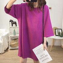 Medium-length style T-shirt lady 2021 summer dress new loose round collar bf with lazy wind pure color big code one-piece dress blouse